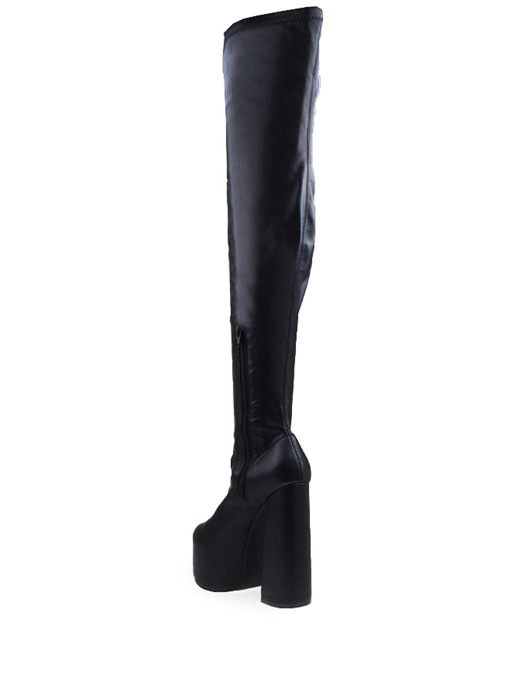 Vegan suede upper knee high boots women's block heel in black-posterior view