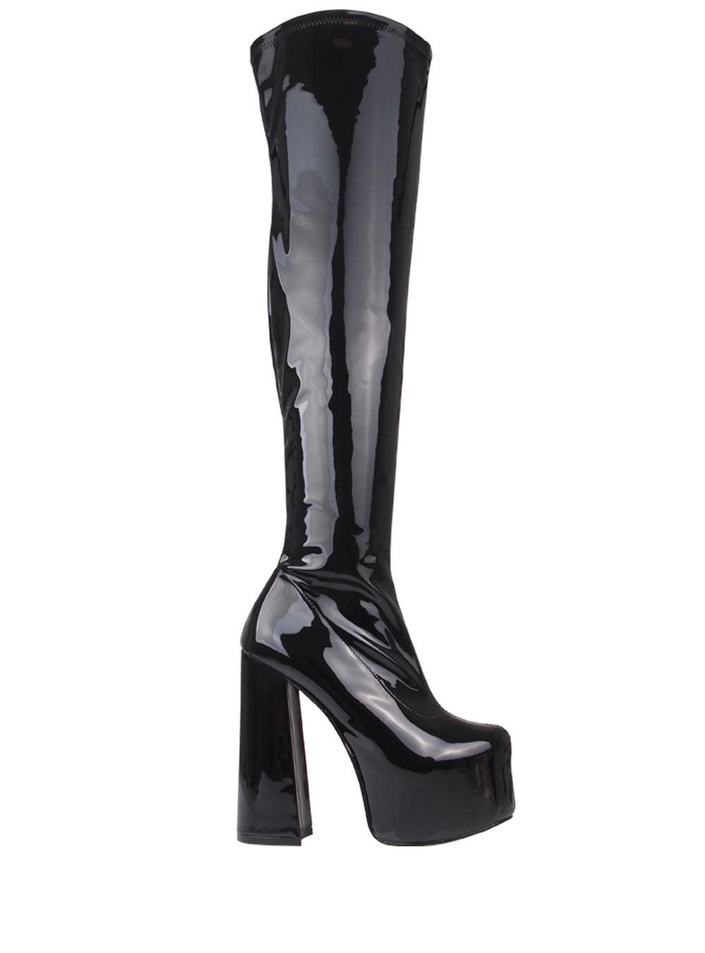 Patent vegan leather upper knee high boots women's block heel in black-side view