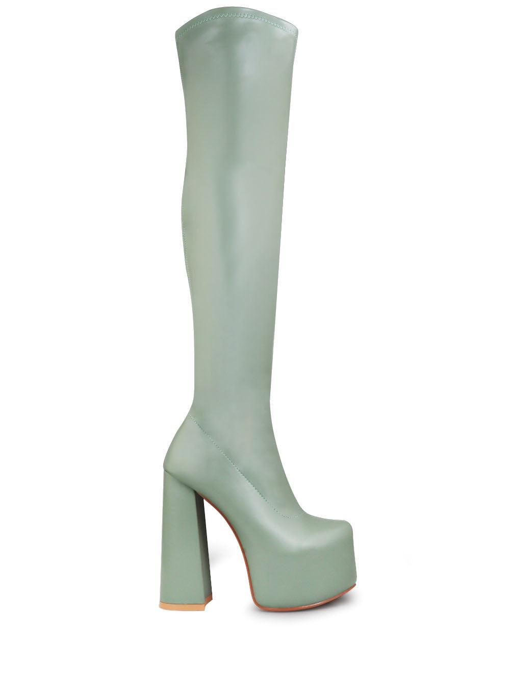 Vegan suede upper knee high boots women's block heel in sage-side view