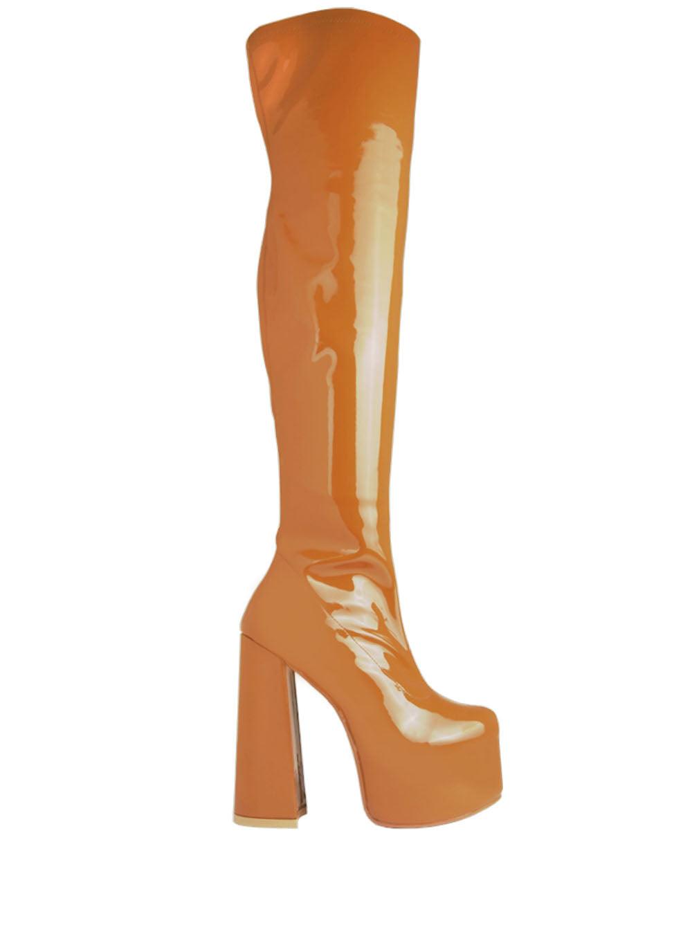 Patent vegan leather upper knee high boots women's block heel in tan-side view