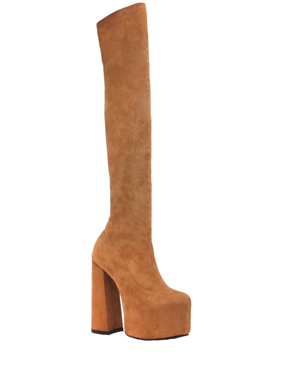 Vegan leather knee high boots women's block heel in camel-corner view