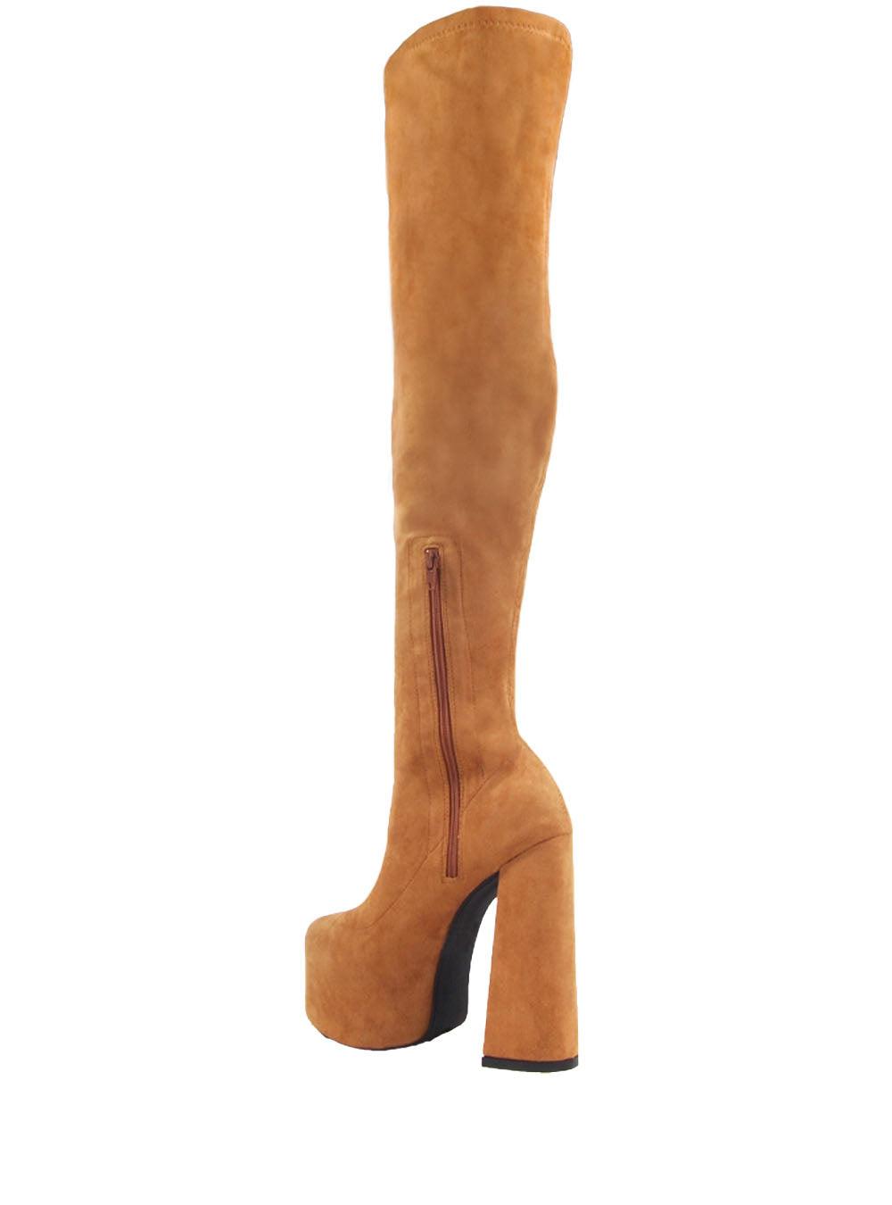 Vegan leather knee high boots women's block heel in camel-posterior view