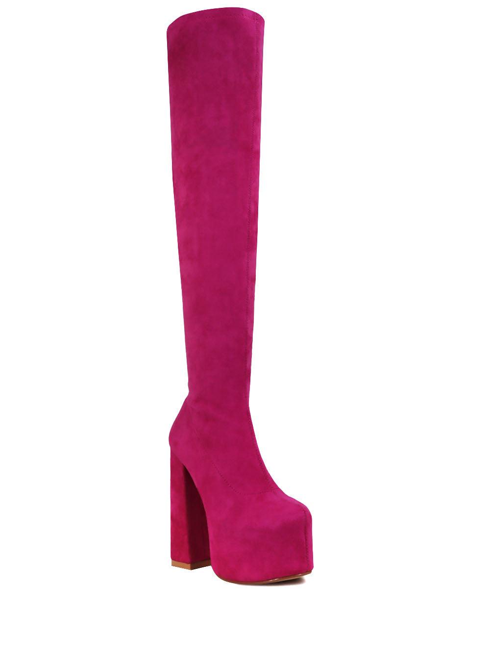 Vegan leather knee high boots women's block heel in fuchsia-corner view