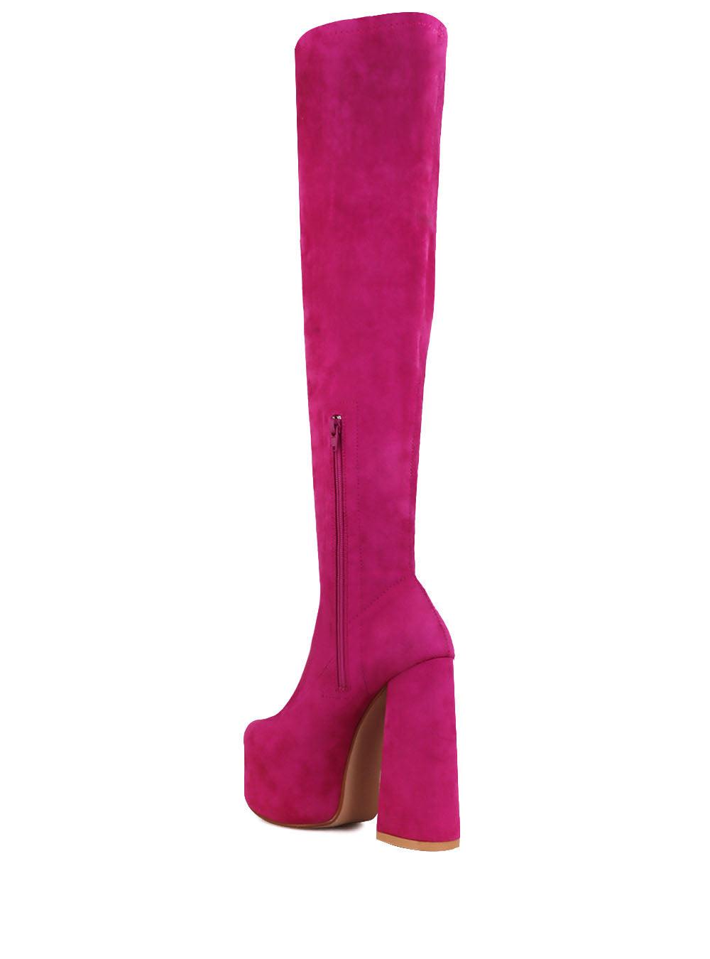 Vegan leather knee high boots women's block heel in fuchsia-posterior view