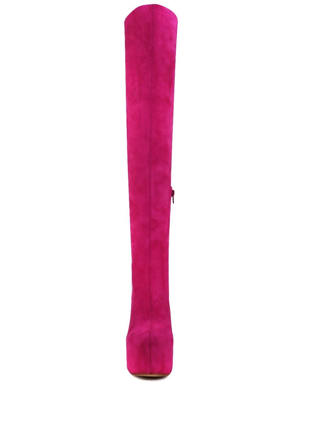 Vegan leather knee high boots women's block heel in fuchsia-front view