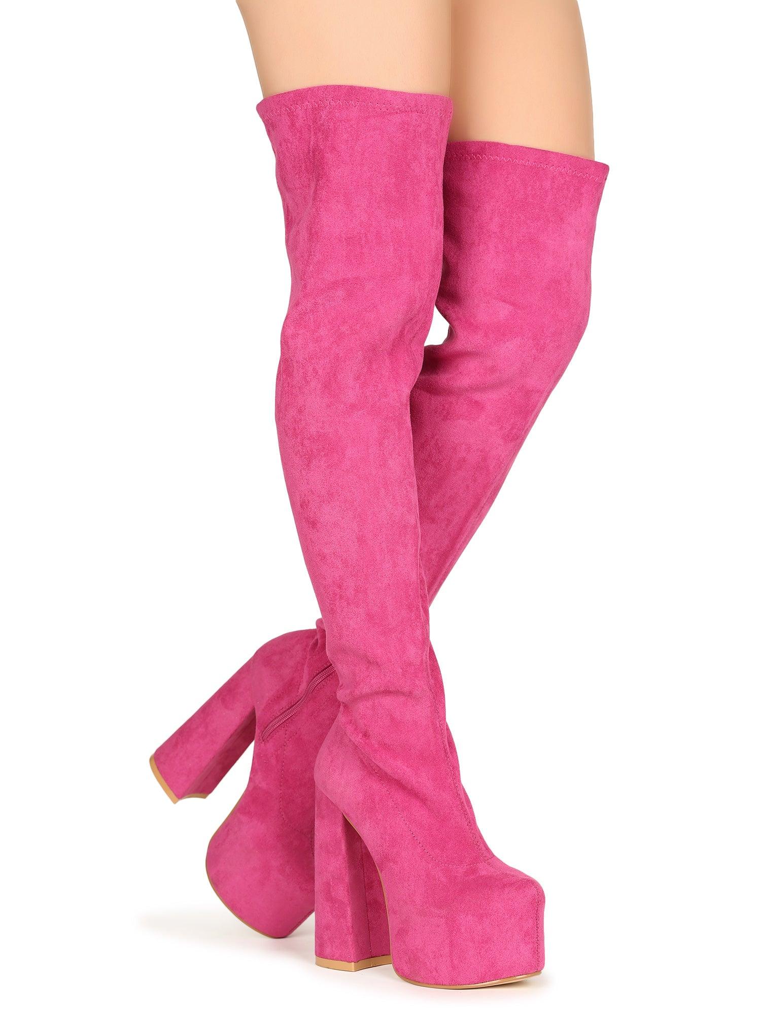 Vegan leather knee high boots women's block heel in fuchsia