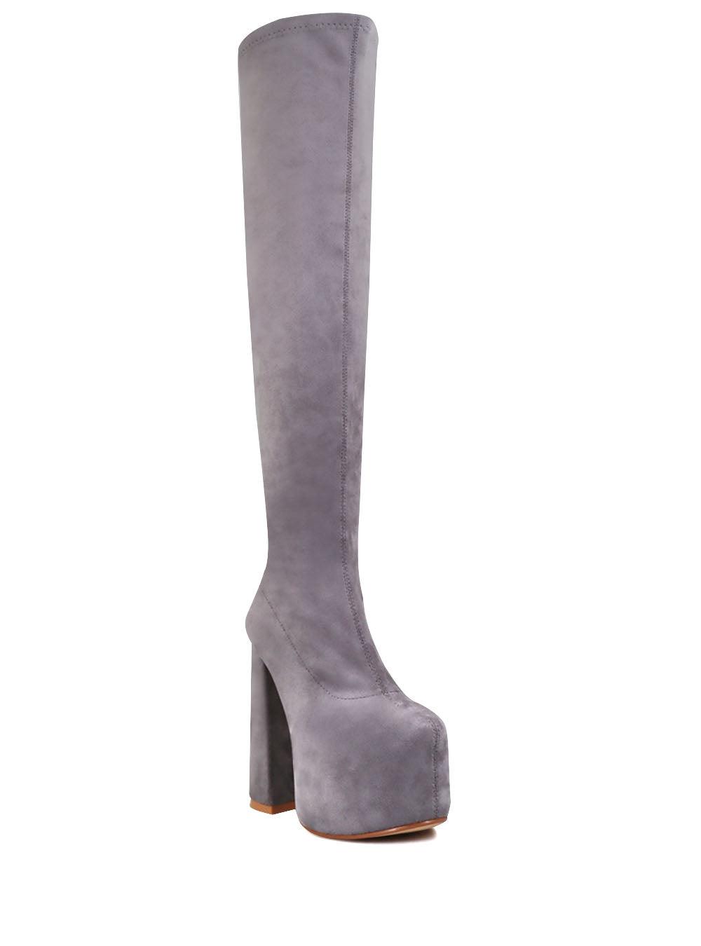 Vegan leather knee high boots women's block heel in grey-corner view