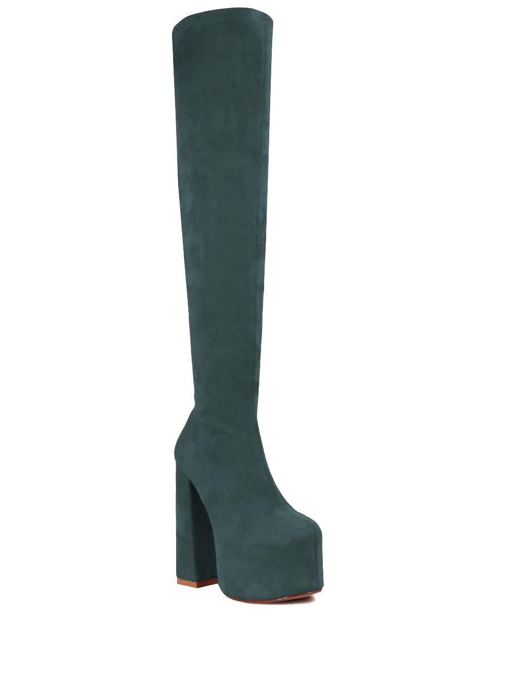 Vegan leather knee high boots women's block heel in green-corner view