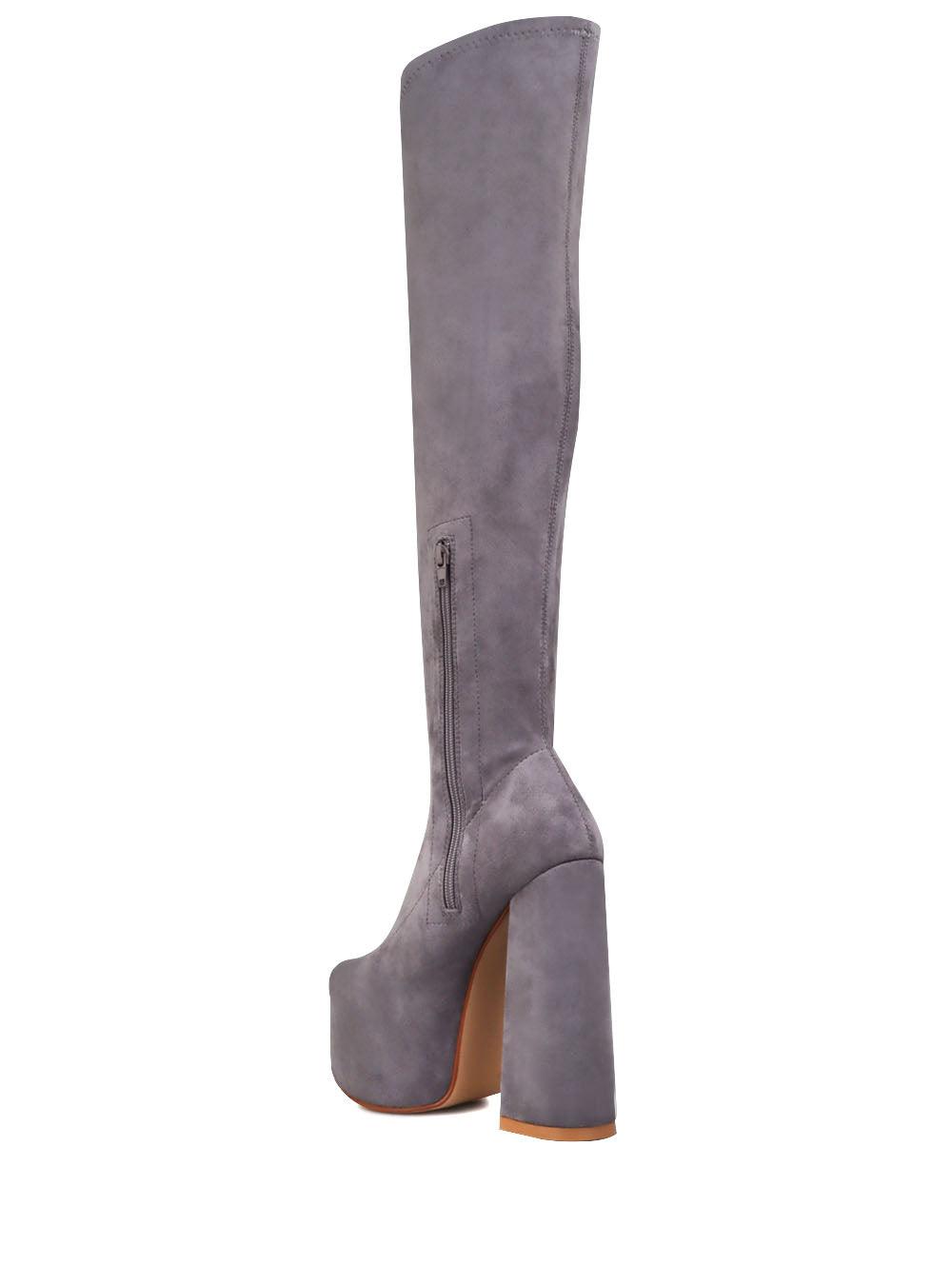 Vegan leather knee high boots women's block heel in grey-posterior view