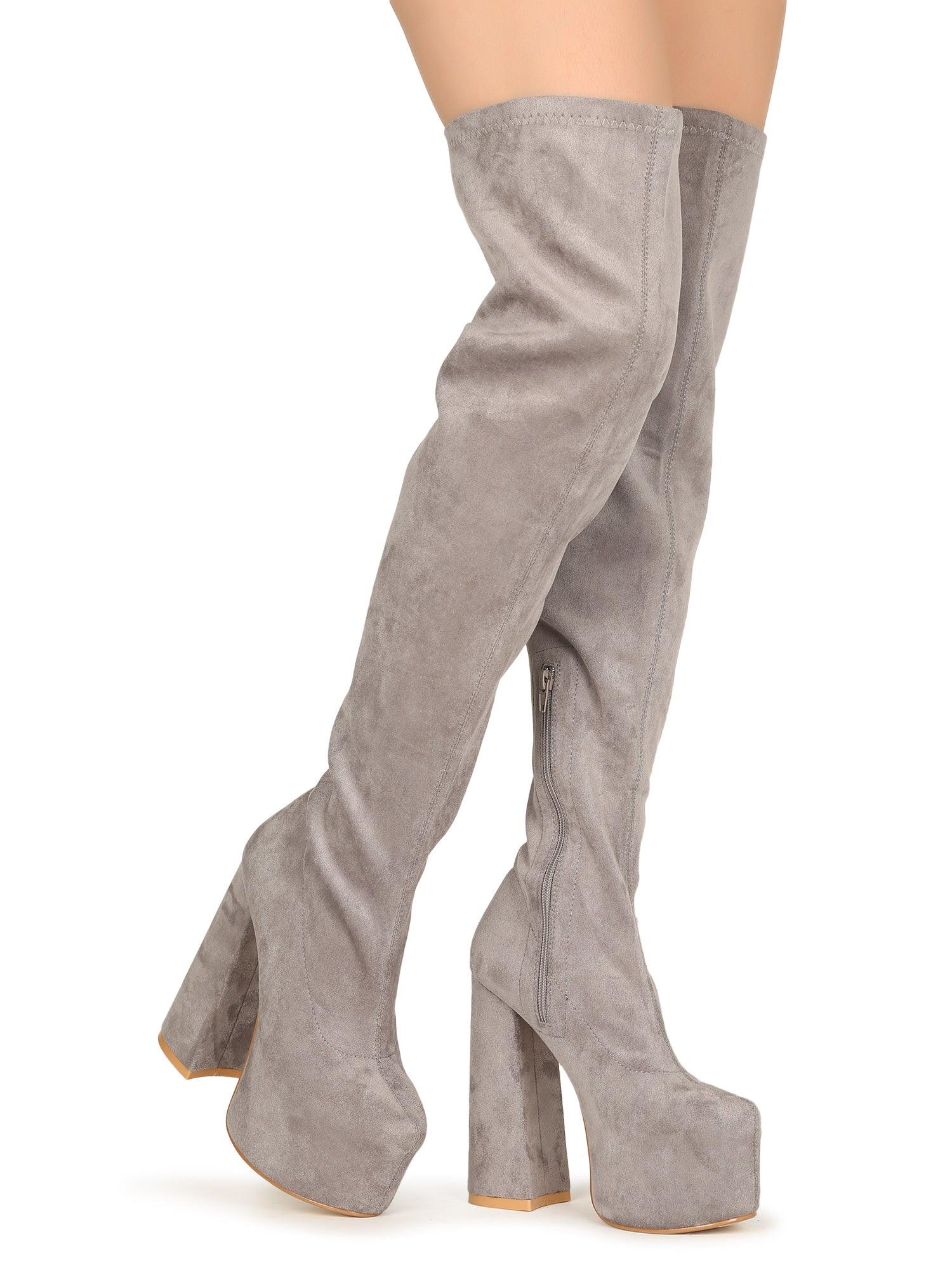 Vegan leather knee high boots women's block heel in grey