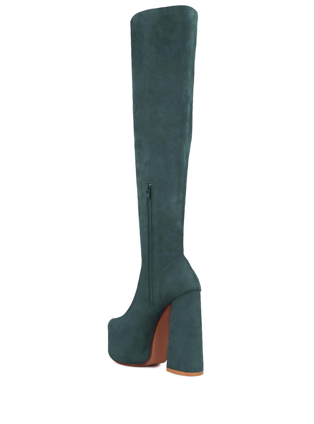 Vegan leather knee high boots women's block heel in green-posterior view