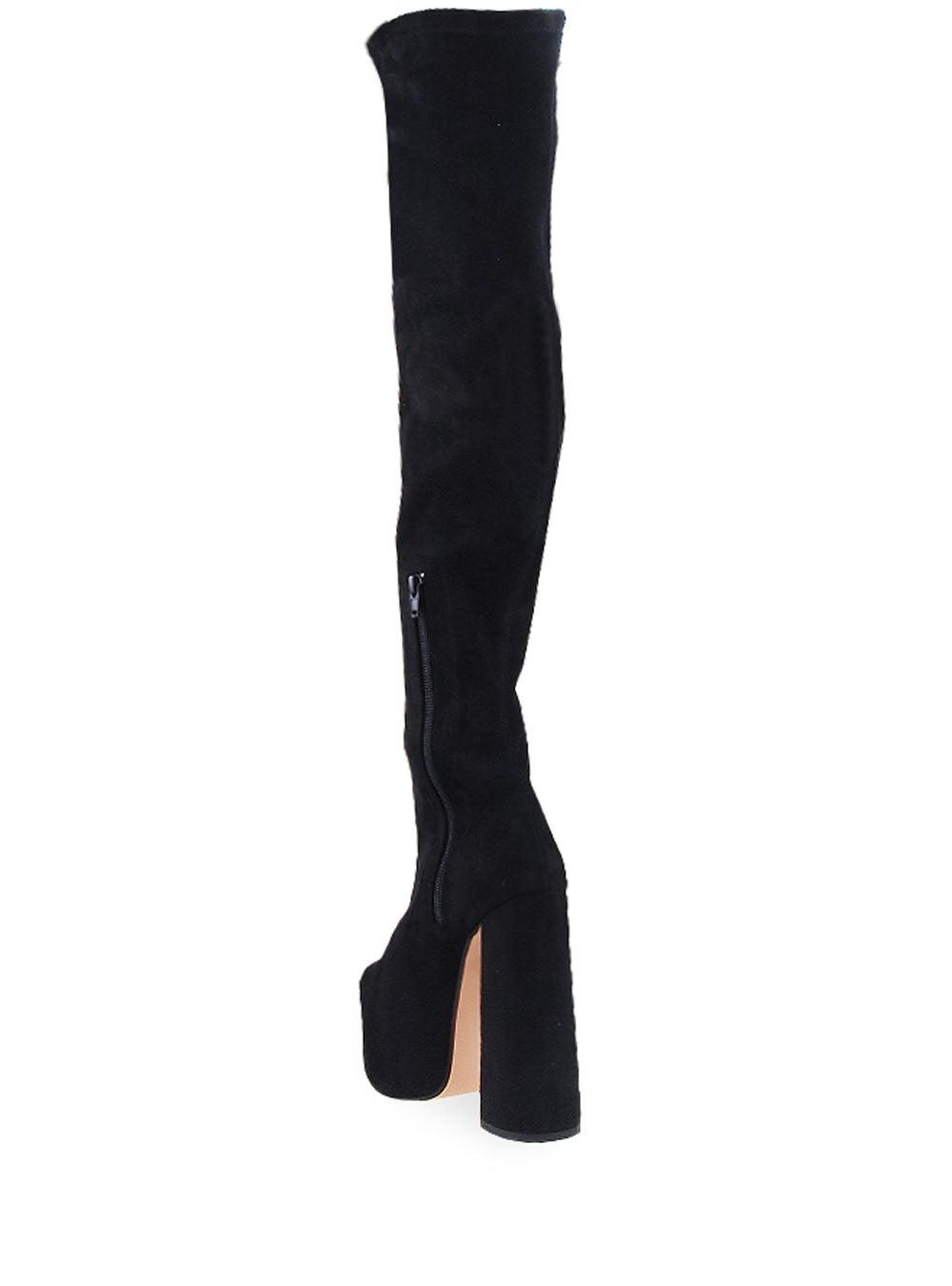 Vegan leather knee high boots women's block heel in black-posterior view