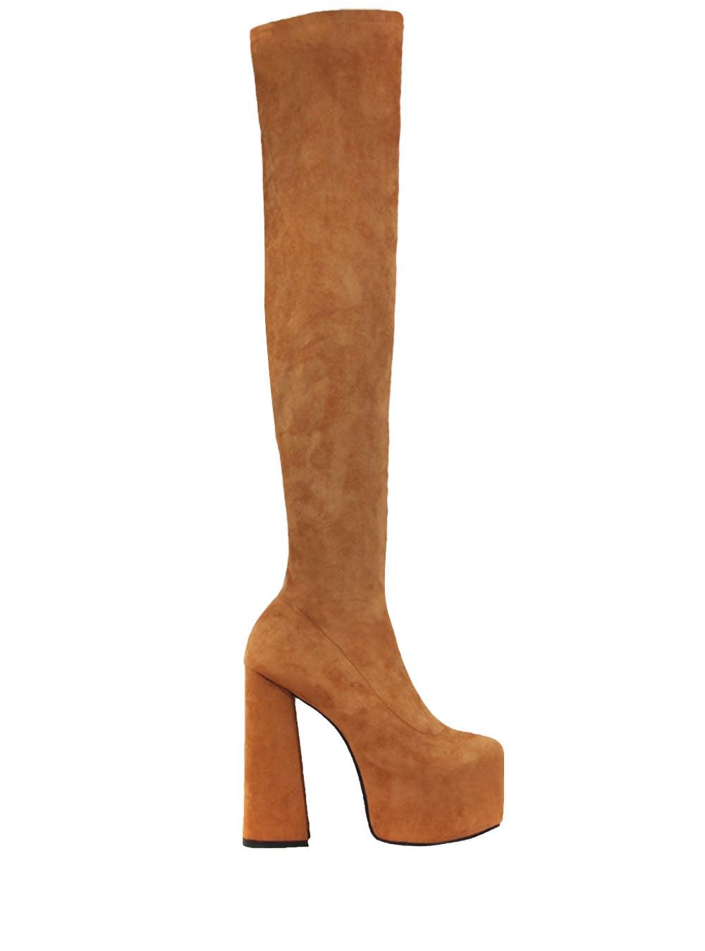 Vegan leather knee high boots women's block heel in camel-side view