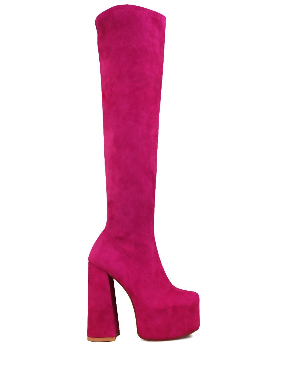 Vegan leather knee high boots women's block heel in fuchsia-side view