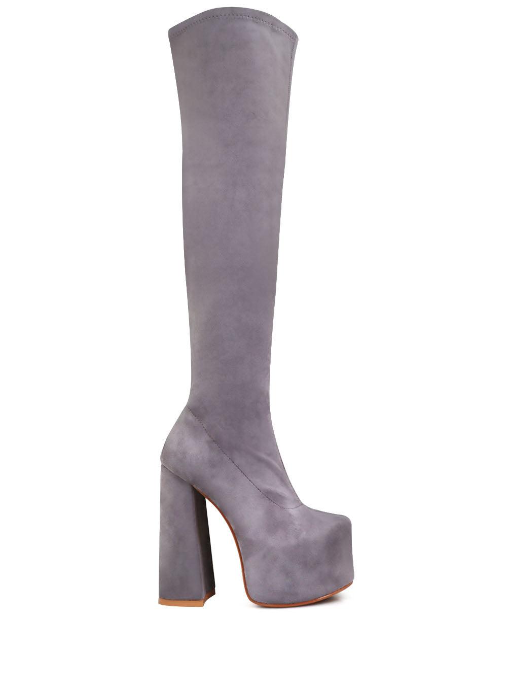 Vegan leather knee high boots women's block heel in grey-side view