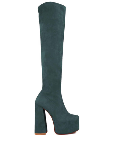 Vegan leather knee high boots women's block heel in green-side view