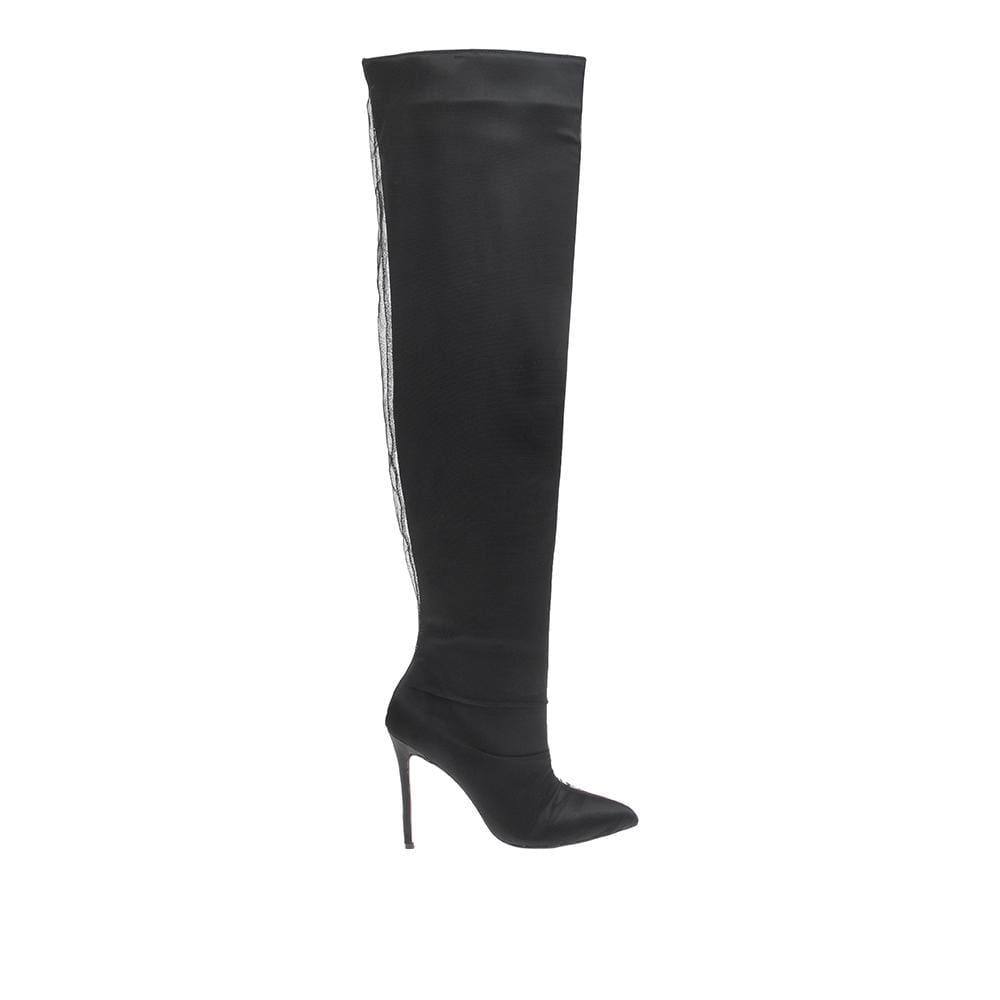 Satin upper knee high women boots in black