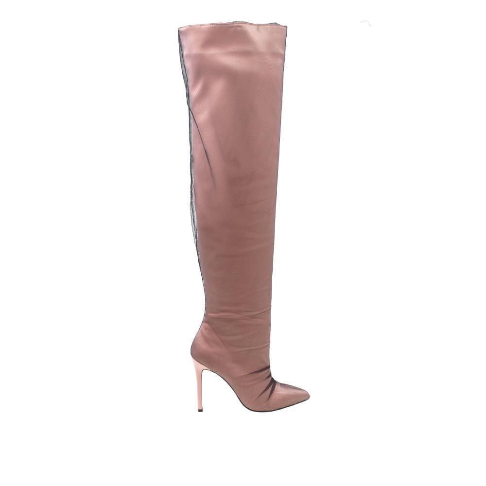 Satin upper knee high women boots in nude