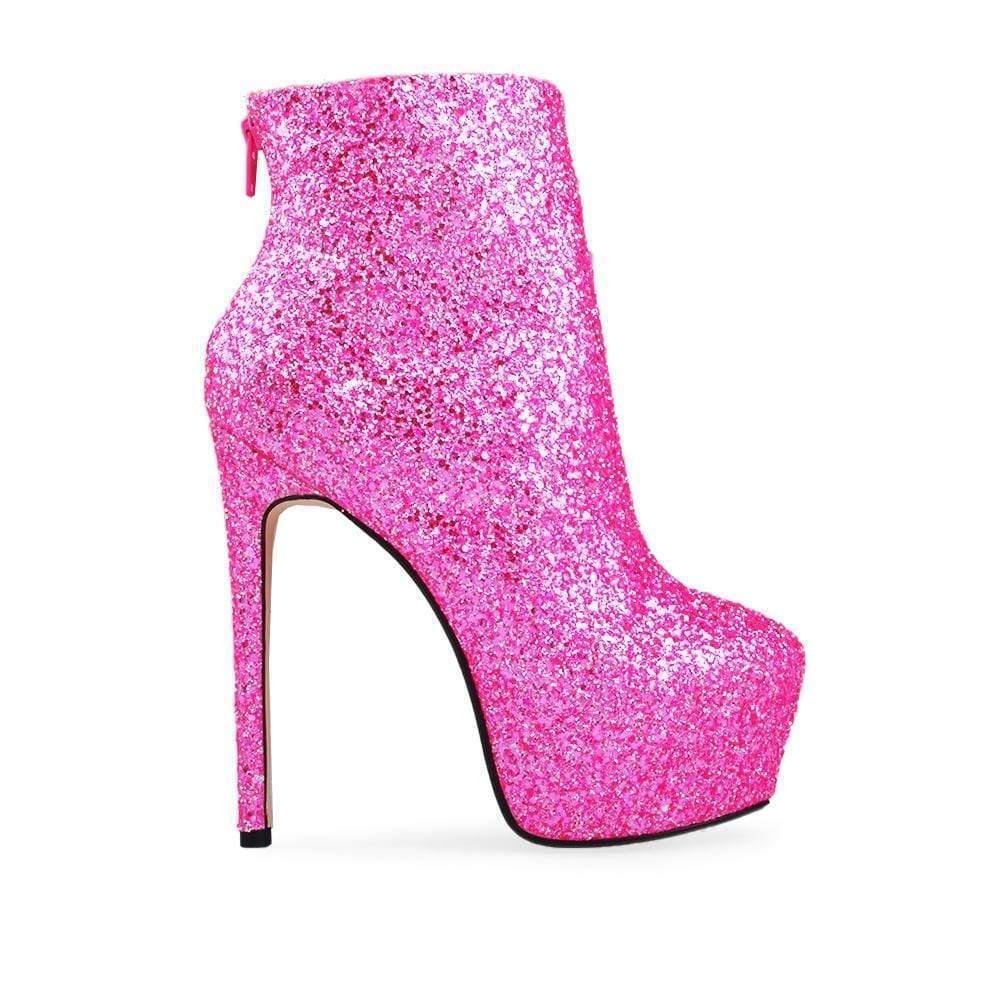 Glittery pink colored booties with back zipper closure and stilleto heel-side view