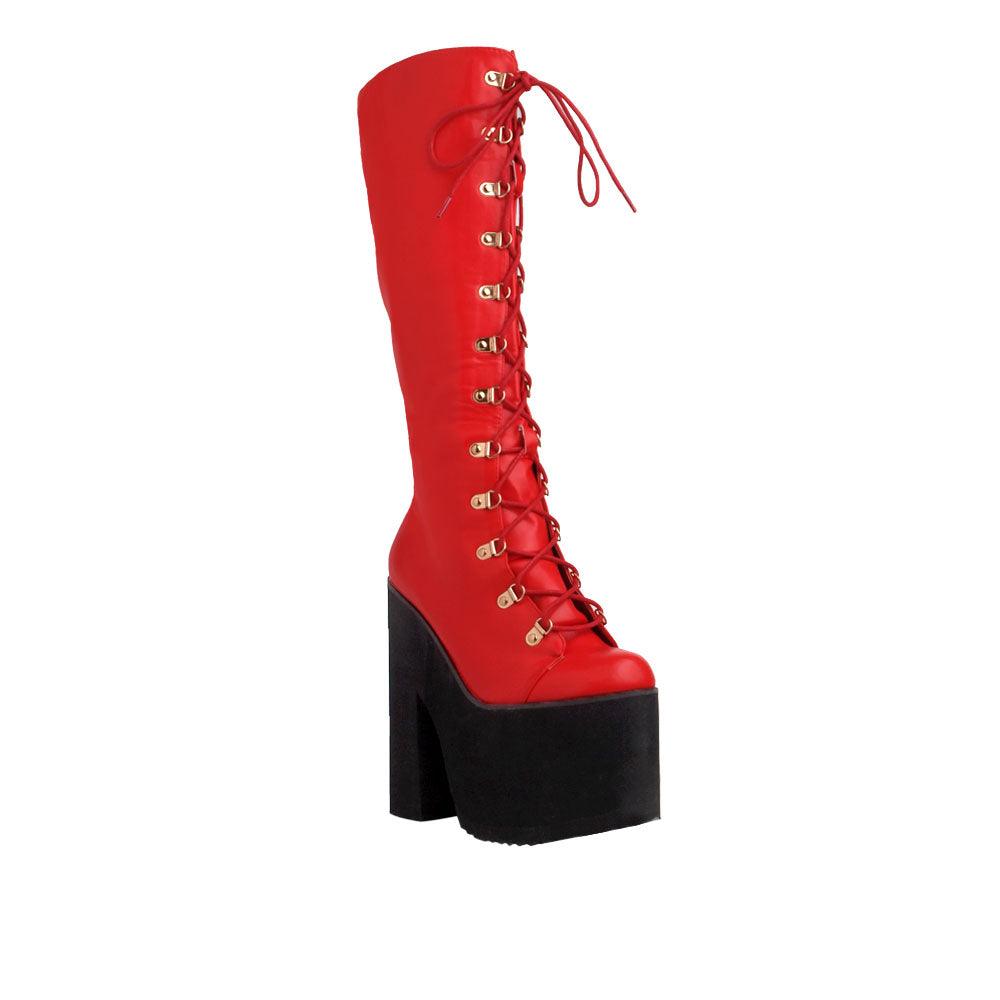 Red women boots with laces and black platforms-corner view