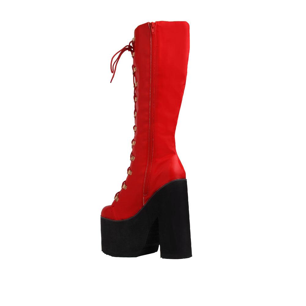 Red women boots with laces and black platforms-posterior view