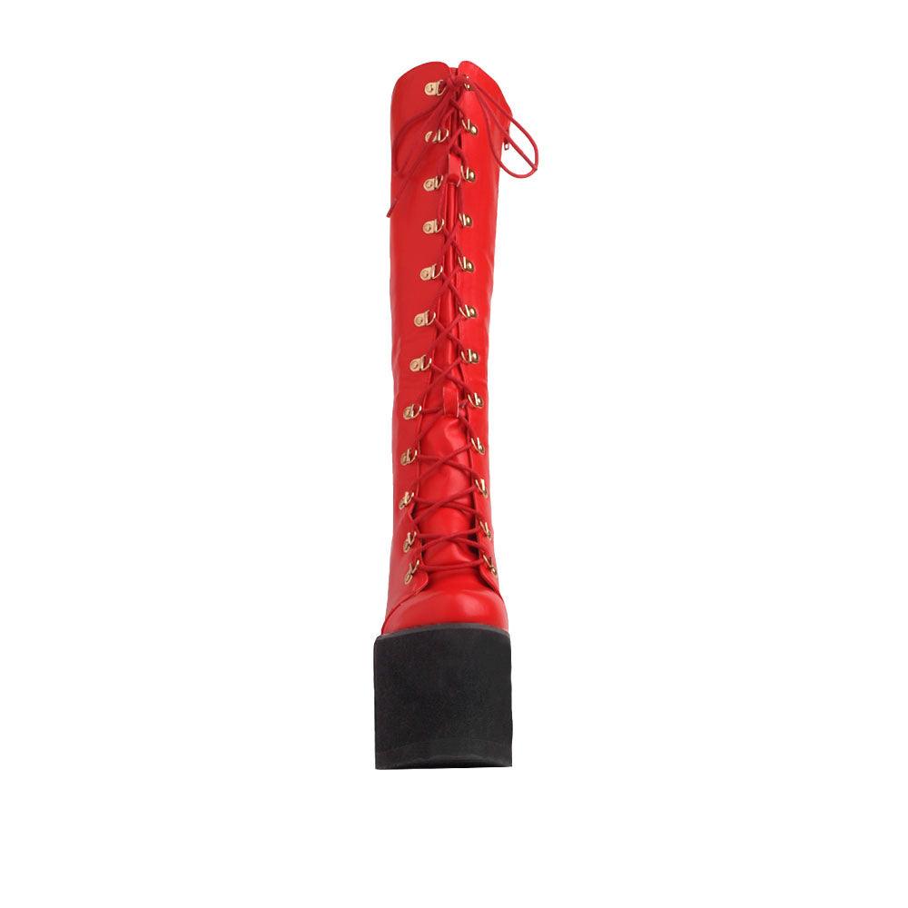 Red women boots with laces and black platforms-front view