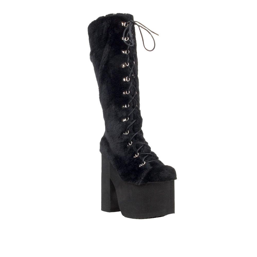 Black fur women boots with laces and black platforms-corner view