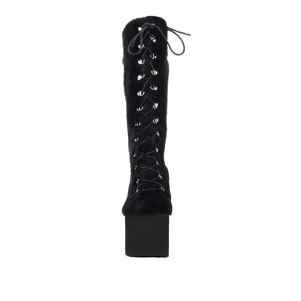 Black fur women boots with laces and black platforms-front view