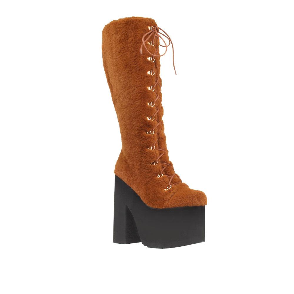 Brown women boots with laces and black platforms-corner view