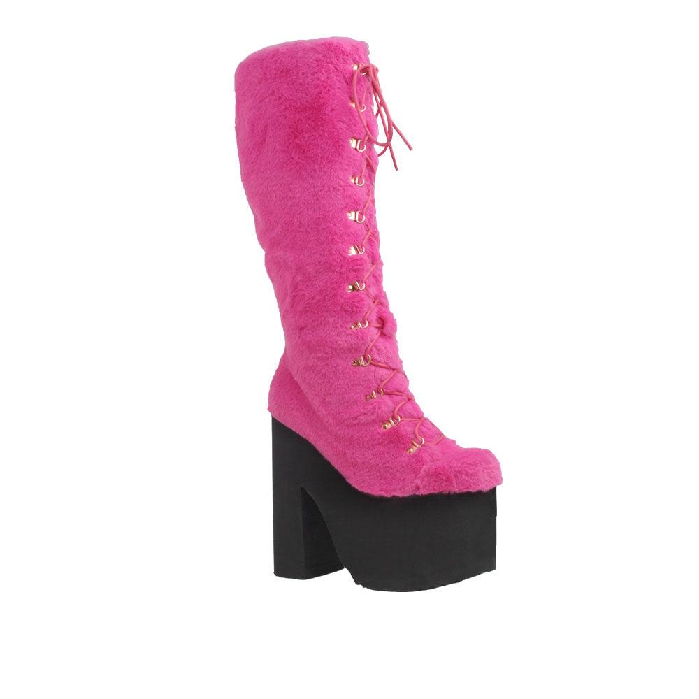 Pink women boots with laces and black platforms-corner view