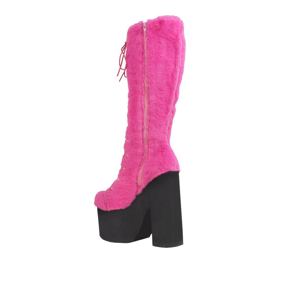 Pink women boots with laces and black platforms-posterior view