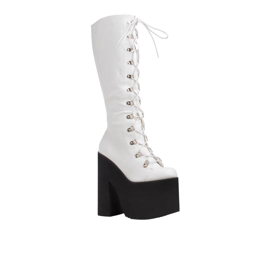 White women boots with laces and black platforms-corner view