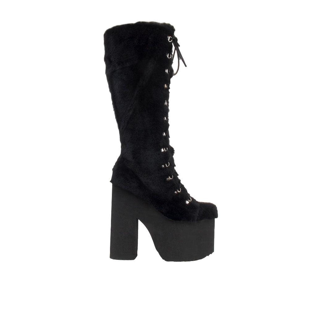 Black fur women boots with laces and black platforms-side view