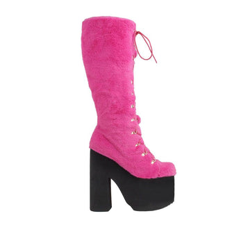 Pink women boots with laces and black platforms-side view