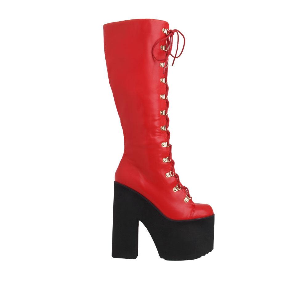 Red women boots with laces and black platforms-side view