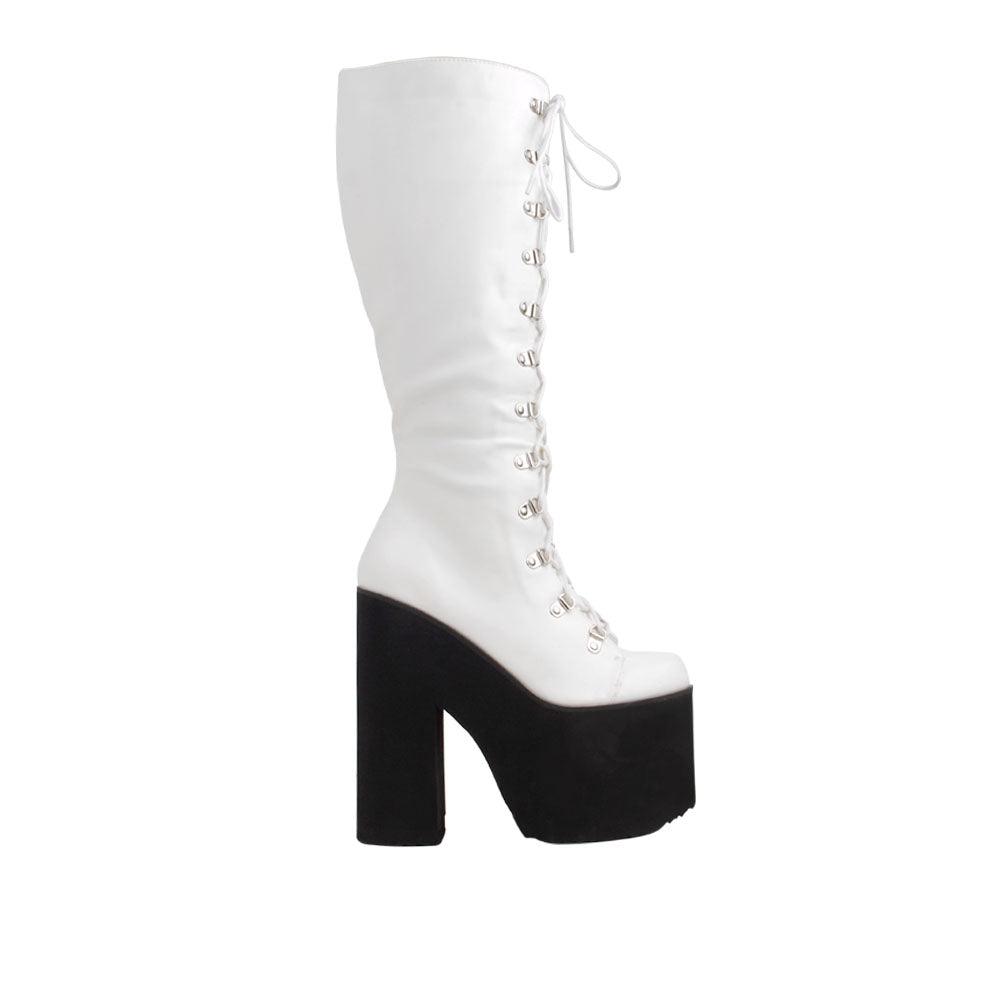 White women boots with laces and black platforms-side view