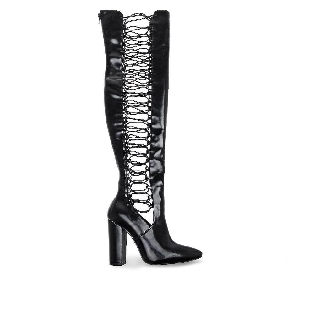 Black colored women knee-high boots with lace-up style