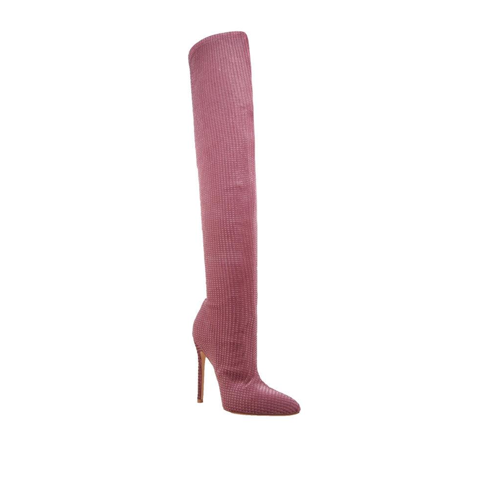 Knee-high women boots in mauve color-corner view