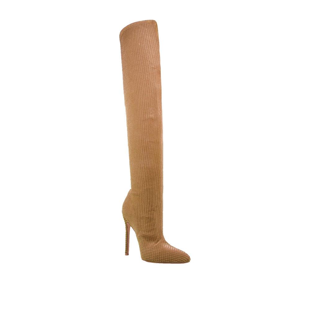 Knee-high women boots in mustard color-corner view