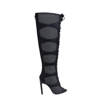 Black women high boots with net construction and back zip closure