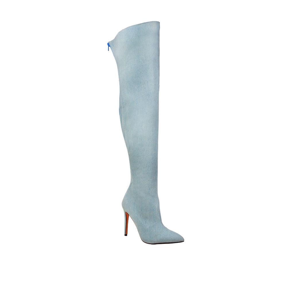 Light denim knee-high women boots-corner view