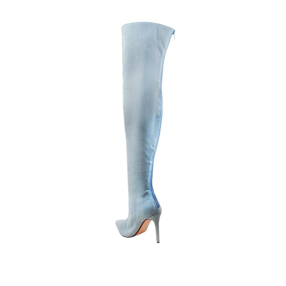 Light denim knee-high women boots-posterior view