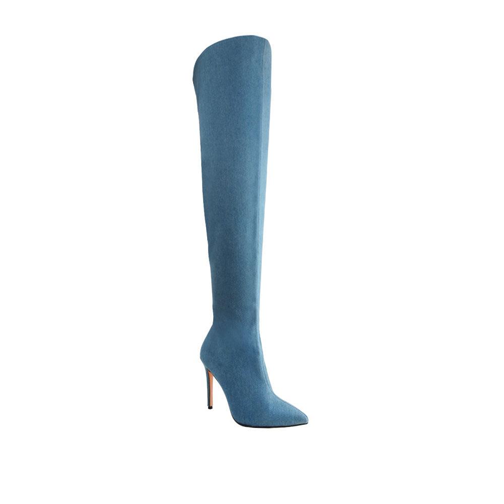 Denim knee-high women boots-corner view