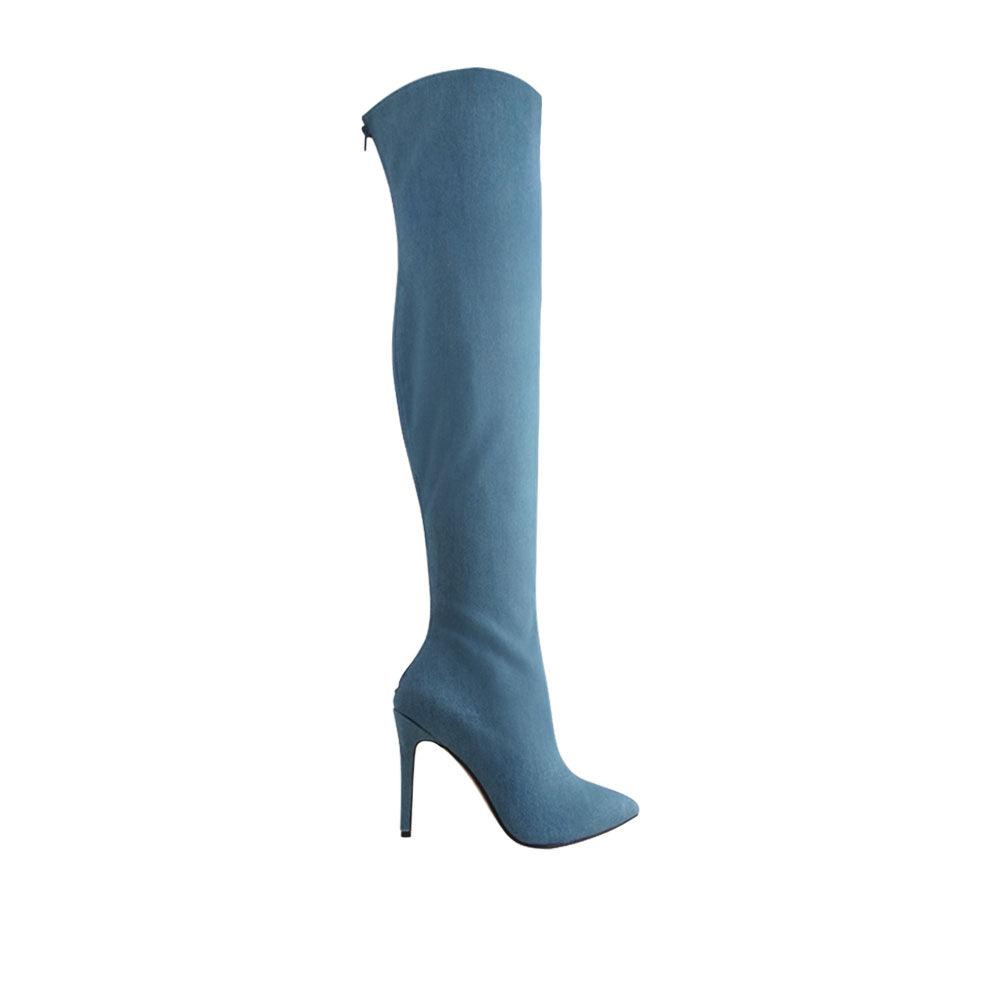 Denim knee-high women boots-side view