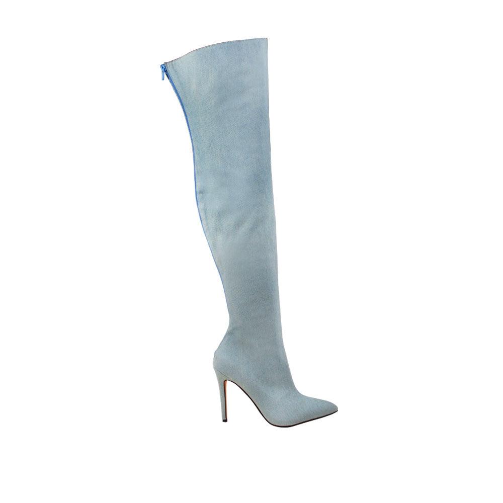 Light denim knee-high women boots-side view