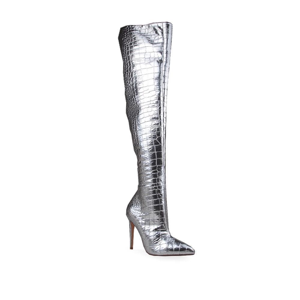 Croc leather over-the-knee women boots with heel in silver-corner view