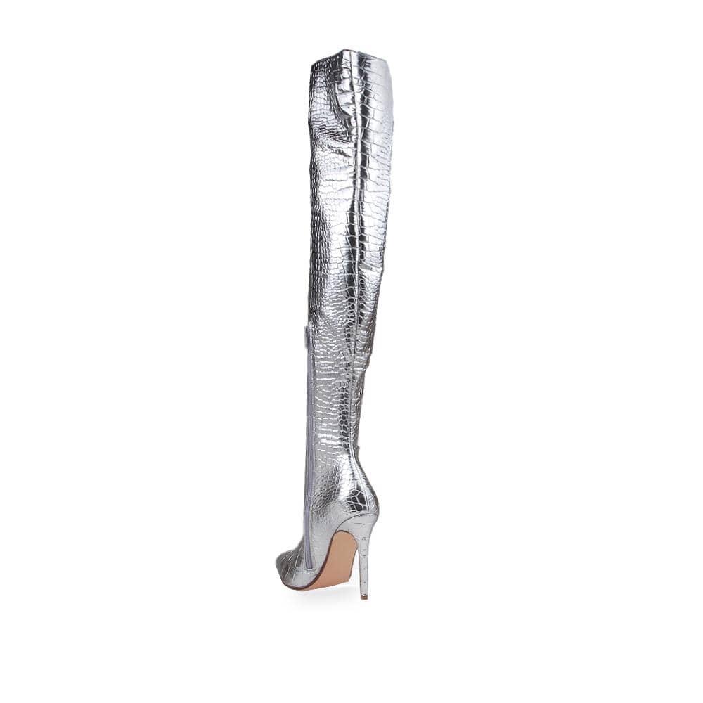 Croc leather over-the-knee women boots with heel in silver-posterior view