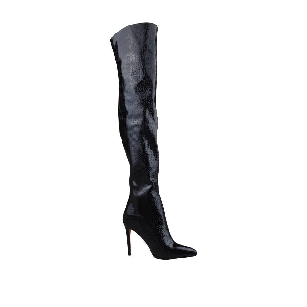 Croc leather over-the-knee women boots with heel in black-corner view