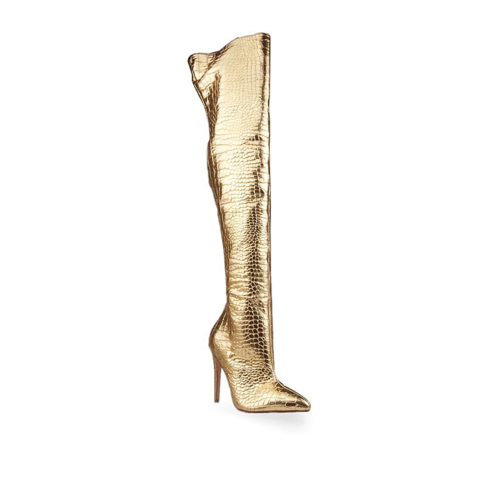 Croc leather over-the-knee women boots with heel in gold-corner view