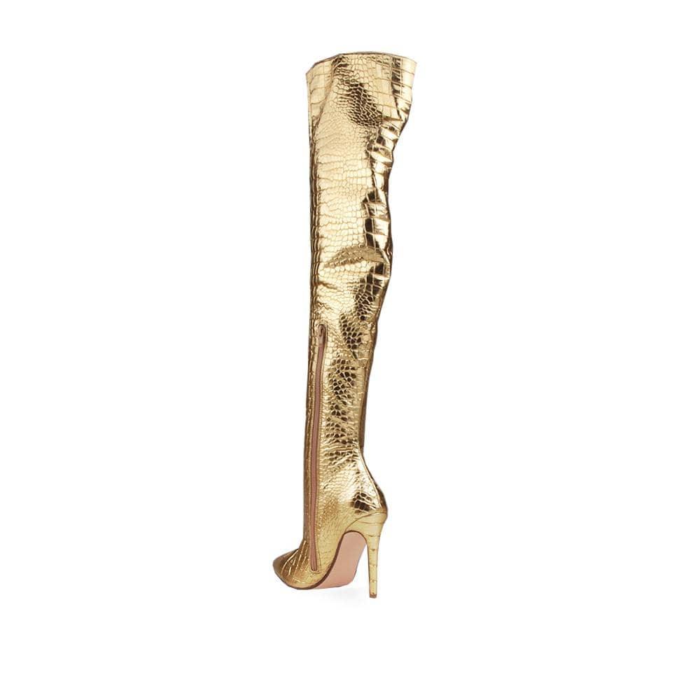 Croc leather over-the-knee women boots with heel in gold-posterior view